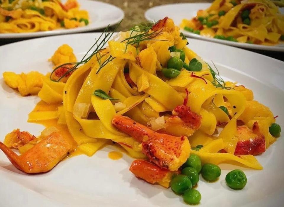 Tagliatelle witrh lobster, English peas and saffron made by John Manzo of Be My Guest.