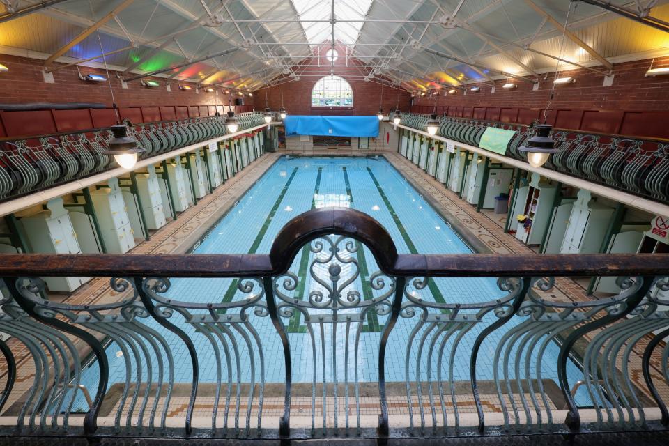 <strong>Bramley Baths</strong>, a historic pool in Leeds, England. First opened in 1904, the building, which still features its original brickwork, was once a factory for producing metal castings.