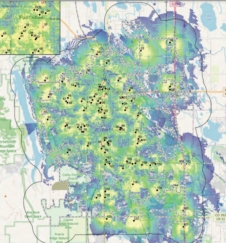 This is a map of macro cells and small cells in and near Fort Collins, current as of May 2021. Some new sites have been built since then, and others have been removed. Many of the sites only provide service for one or two carriers. Yellow regions indicate stronger service; blue regions indicate weaker service. The numbers correspond with individual cell sites in the city's inventory.