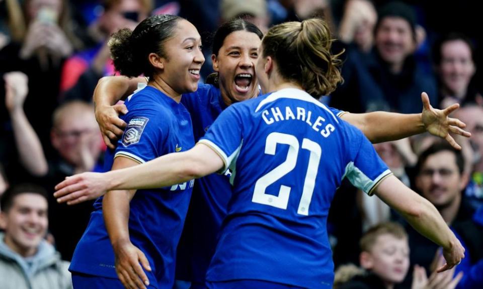 Chelsea's Lauren James (left) celebrates scoring her team's third goal against Liverpool