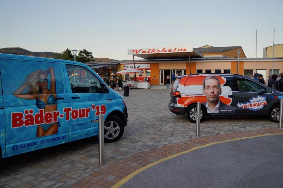 Freedom Party campaign vans at a rally in Traisen, Austria.