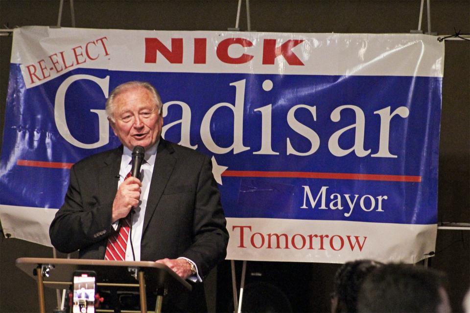 Mayor Nick Gradisar speaks to supporters during a formal announcement of his reelection bid for mayor at Zaragoza Hall on Thursday, Feb. 16, 2023.