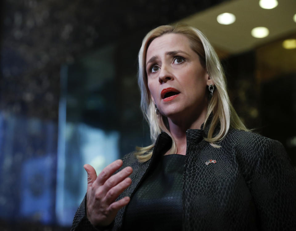 Arkansas Attorney General Leslie Rutledge speaks to reporters at Trump Tower (Carolyn Kaster / AP)