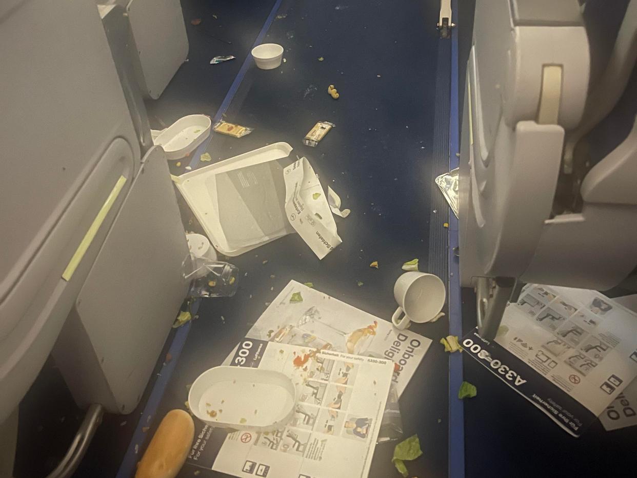 The inside of the plane after Lufthansa Flight 469 hit "severe turbulence" en route to Frankfurt, Germany.