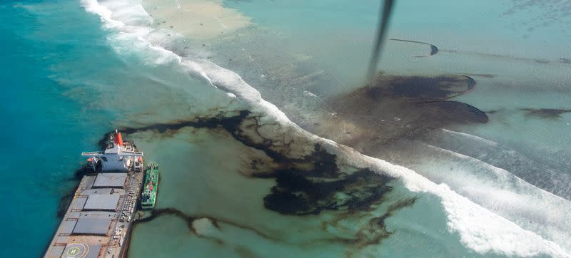 FILE PHOTO: A general view shows the bulk carrier ship MV Wakashio, that ran aground on a reef, at Riviere des Creoles