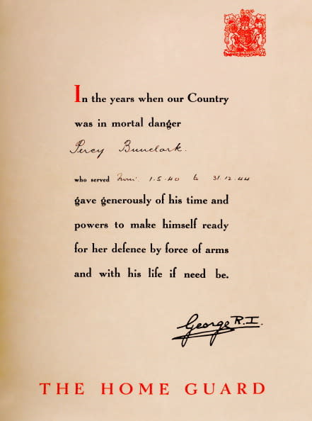 <p>A certificate of recognition of the contributions of Percy Bunclark, who served in the Home Guard for five years during World War Two, signed by King George VI, dated 31st December 1944. (Popperfoto/Getty Images)</p>