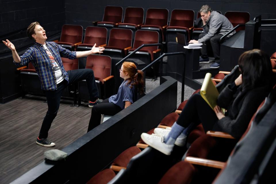 Wil Rogers, left, and Jacey Nichole rehearse for Oklahoma Shakespeare in the Park's production of "Twelfth Night" in Oklahoma City, Monday, Feb. 12, 2024.