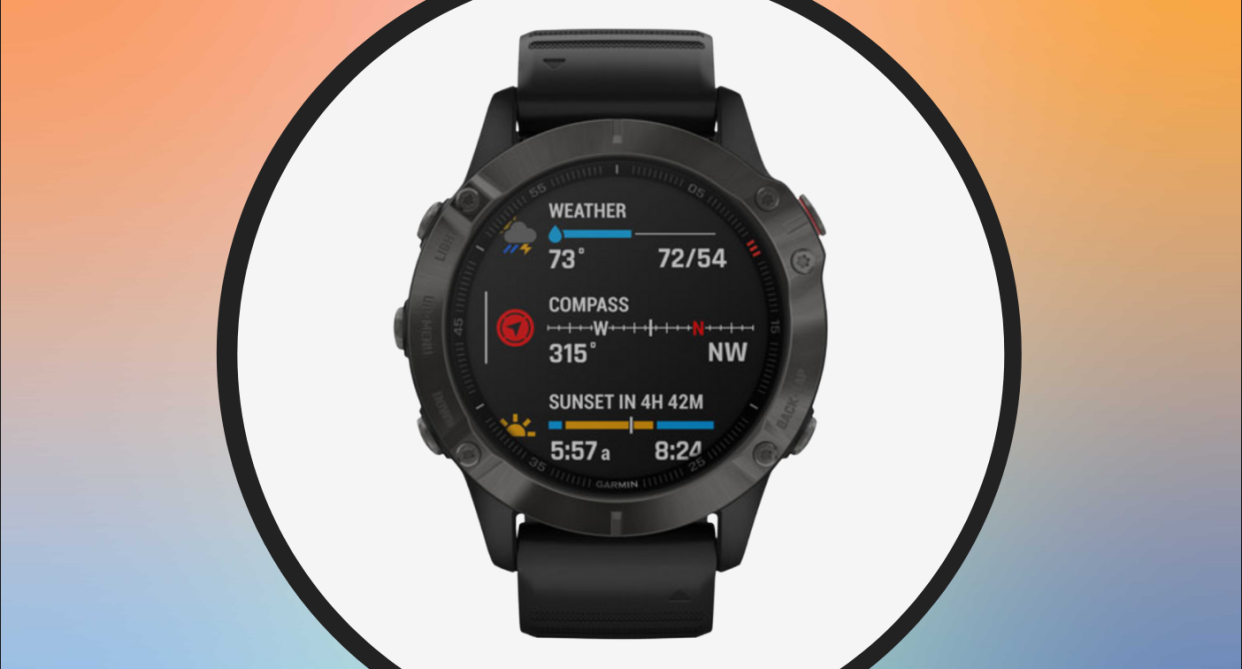 garmin pro smart watch in black on orange and blue background, best buy canada