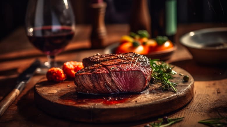 Steak on serving platter with wine