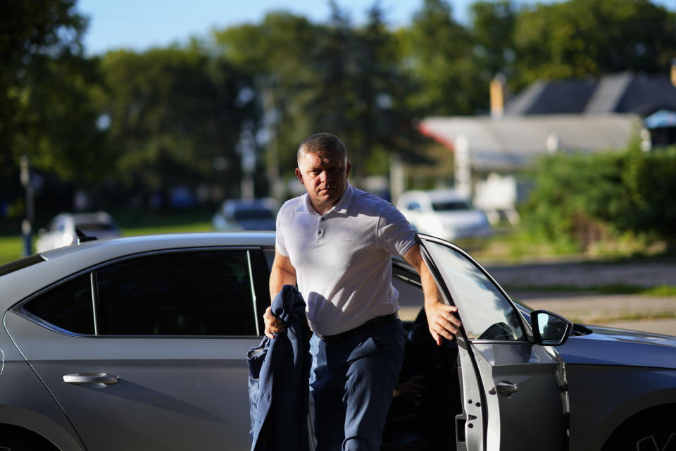 FILE - Former Slovak Prime Minister and head of leftist SMER - Social Democracy party Robert Fico arrives for an election rally in Michalovce, Slovakia, Wednesday, Sept. 6, 2023. The populist former prime minister plans to reverse the country’s military and political support for neighboring Ukraine, in a direct challenge to the European Union and NATO, if he returns to power. (AP Photo/Petr David Josek, File)