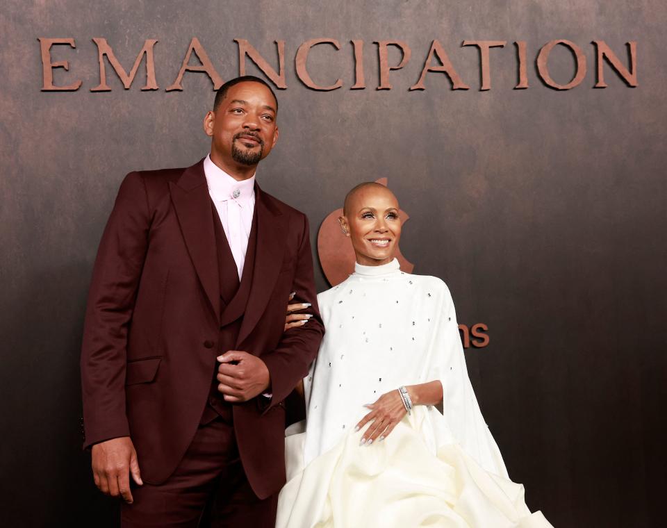 US actor Will Smith and his wife actress Jada Pinkett Smith arrive for the premiere of Apple Original Films' 