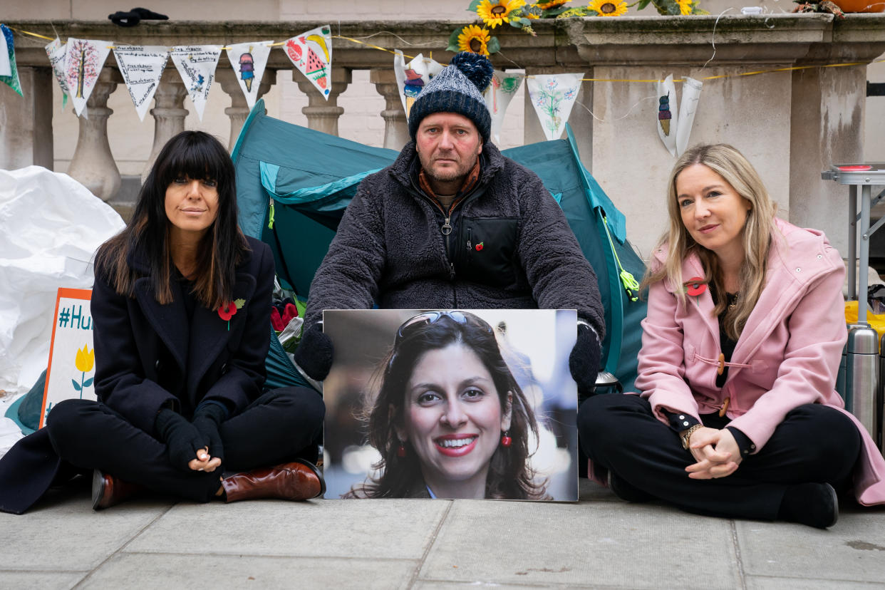 Claudia Winkleman and Victoria Coren Mitchell as they meet and talk to Richard Ratcliffe, the husband of Iranian detainee Nazanin Zaghari-Ratcliffe, outside the Foreign Office in London, during his continued hunger strike following his wife losing her latest appeal in Iran. Picture date: Monday November 8, 2021.