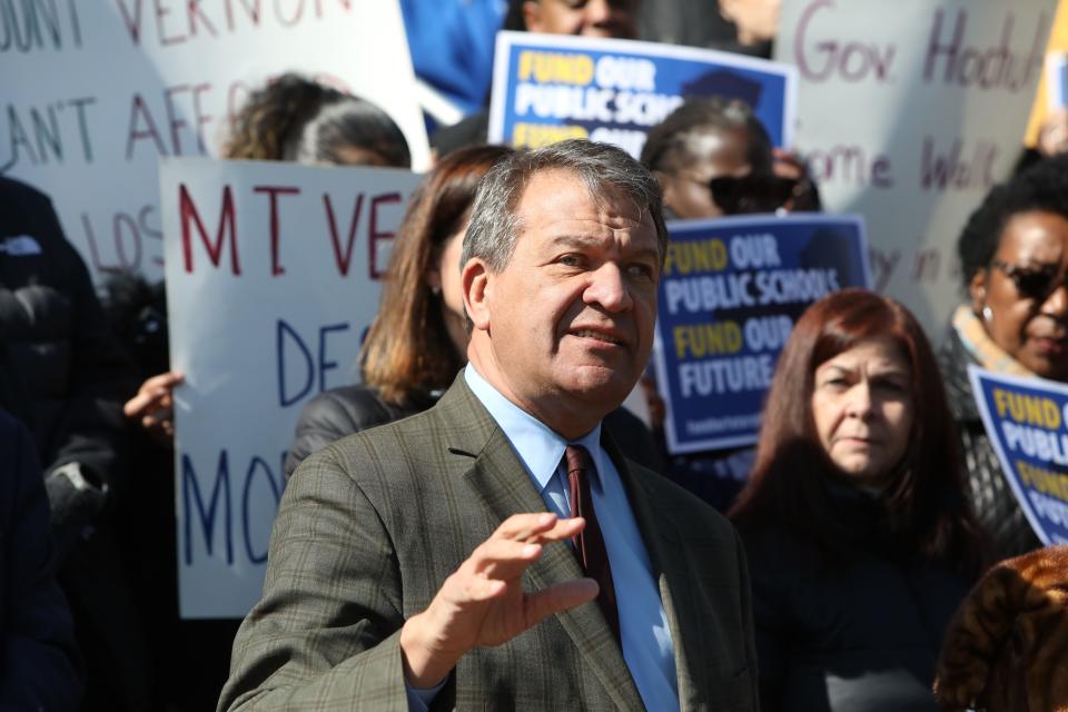 County Executive George Latimer speaks at a rally against the proposed state foundation aid cuts to schools at Benjamin Turner Academy in Mount Vernon March 1, 2024. Mount Vernon is one of half of the districts in the state to receive less funding.