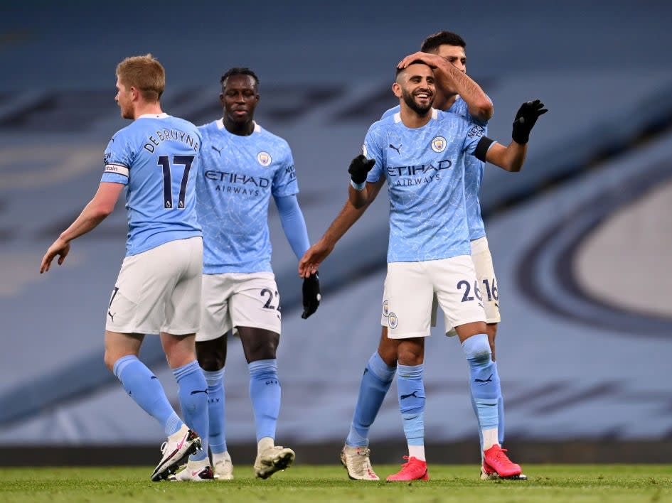 <p>Riyad Mahrez celebrates completing his hat-trick</p>Getty Images