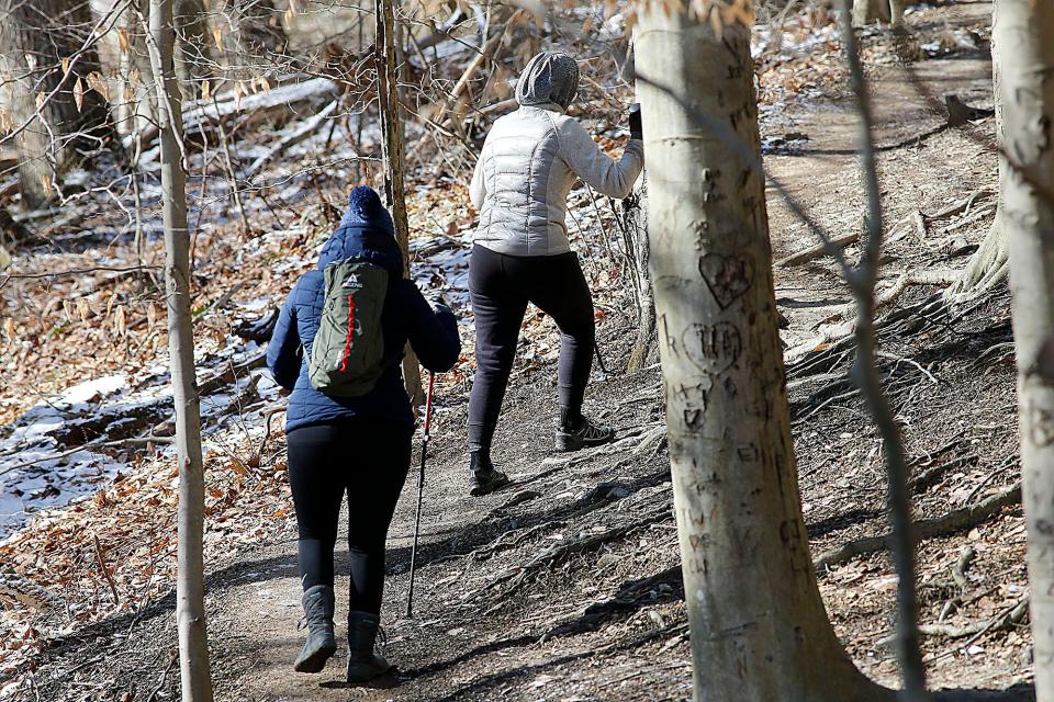 Hikers walk the trail to Big Lyons Falls in Mohican State Park in early February this year.