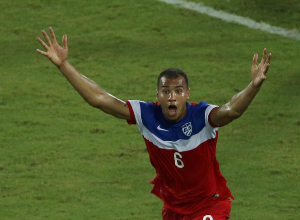 John Brooks of the U.S. celebrates after scoring a goal against Ghana during their 2014 World Cup Group G soccer match at the Dunas arena in Natal June 16, 2014. REUTERS/Carlos Barria (BRAZIL - Tags: SOCCER SPORT WORLD CUP) TOPCUP