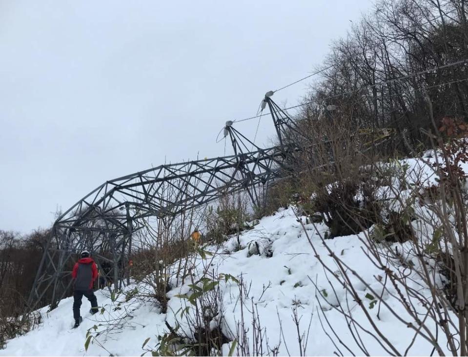 北海道紋別地區電塔遭大雪壓垮。   圖:翻攝自推特/シンヤ(メイン） @tokachinofarmer