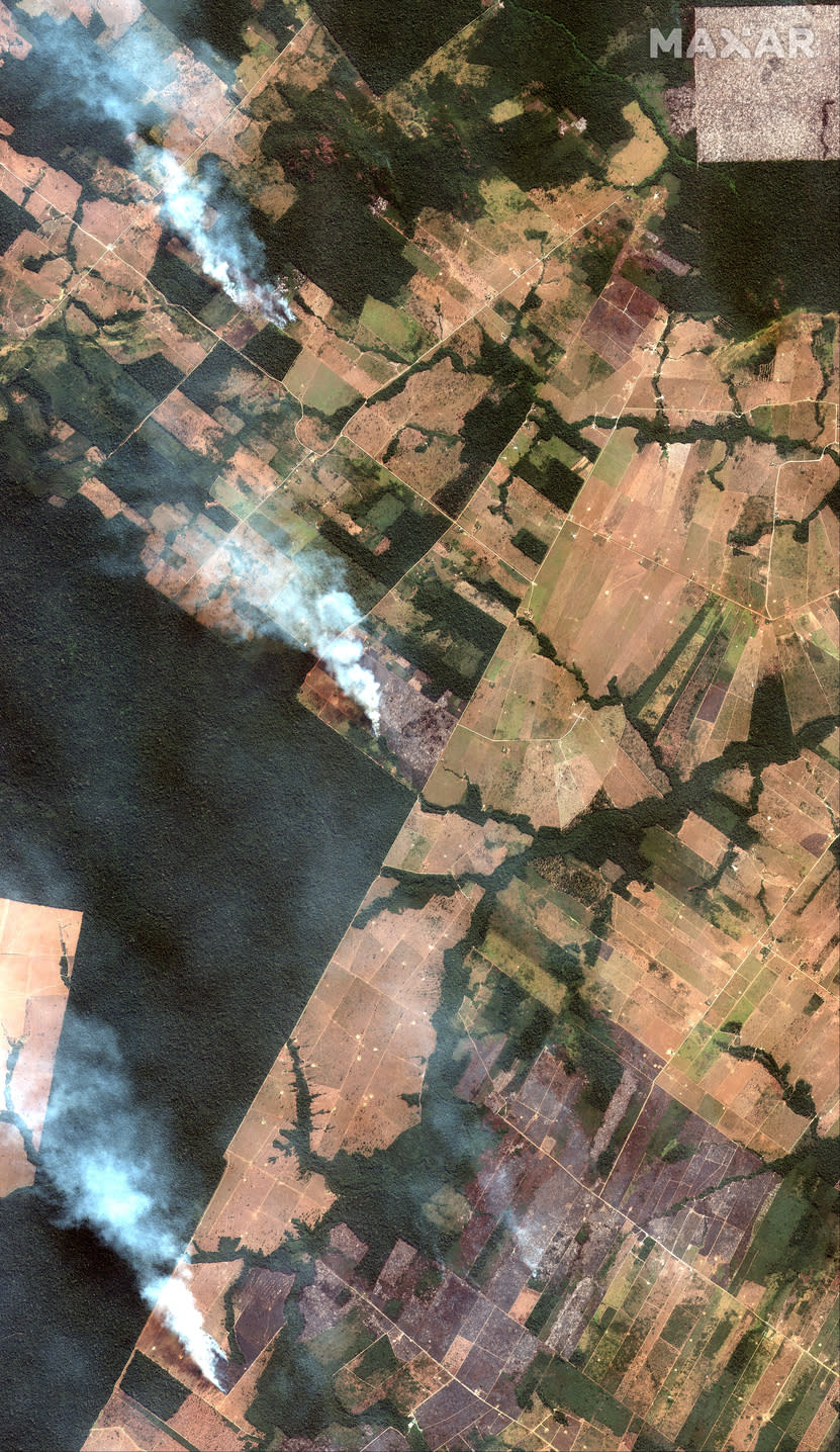 This Aug. 15, 2019 satellite image from Maxar Technologies shows overview of fires southwest of Porto Velho, Brazil. Brazil's National Institute for Space Research, a federal agency monitoring deforestation and wildfires, said the country has seen a record number of wildfires this year as of Tuesday, Aug. 20. (Satellite image ©2019 Maxar Technologies via AP)