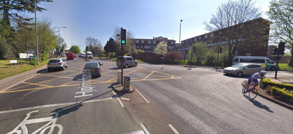 The collision occurred on Hornchurch Road at the junction with Abbs Cross Lane (Google Street View)