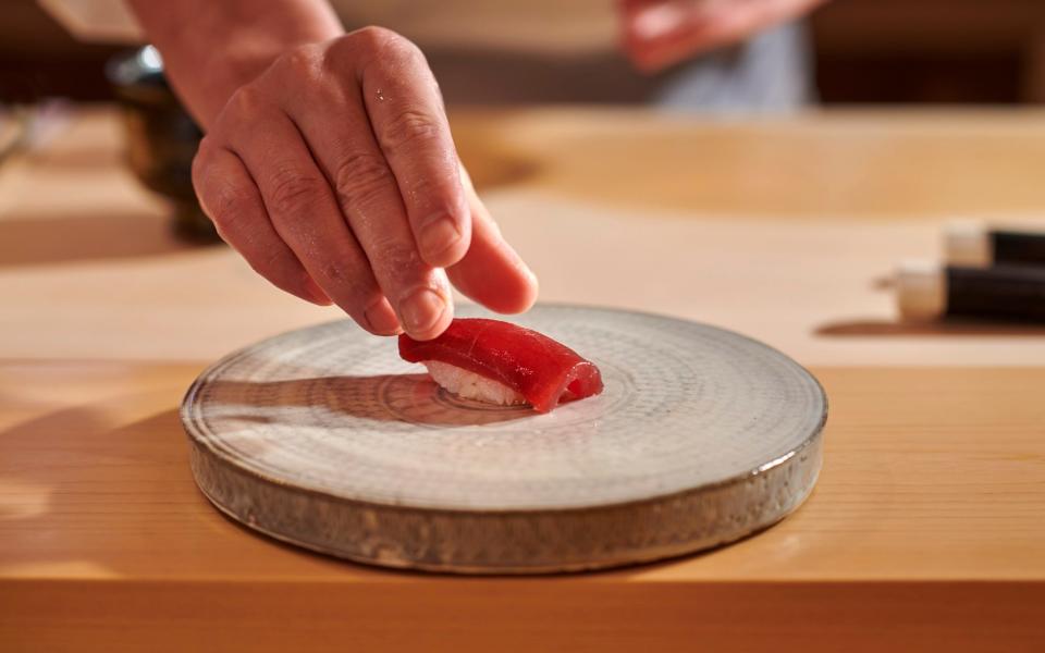 Sushi of marinated akami at Sushi Kanesaka