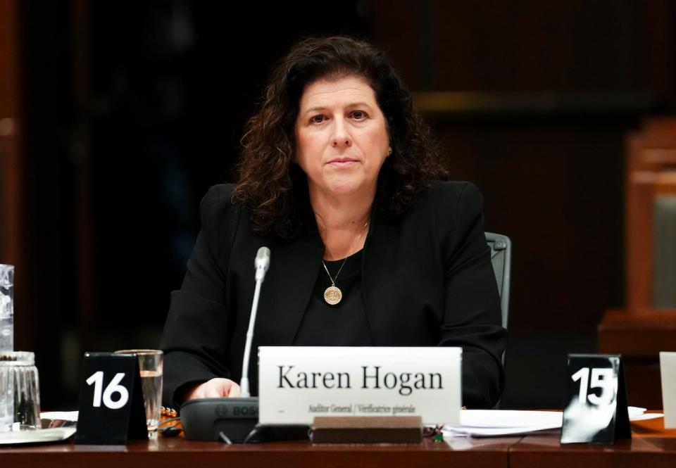 Auditor general Karen Hogan appears as a witness at a House of Commons standing committee on Public Accounts on Parliament Hill in Ottawa on Monday, Feb. 12, 2024. The committee continues its study on the ArriveCan app following the AG's report being tabled in the House of Commons.