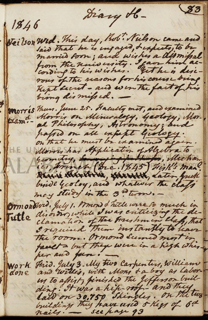 "The History of Enslaved People at UA, 1828-1865" includes document scans, with digitized entries for easier reading. Among them are diary entries by presidents, receipts for rented and purchased slaves, campus images, and the will of former slave Peter Madary.