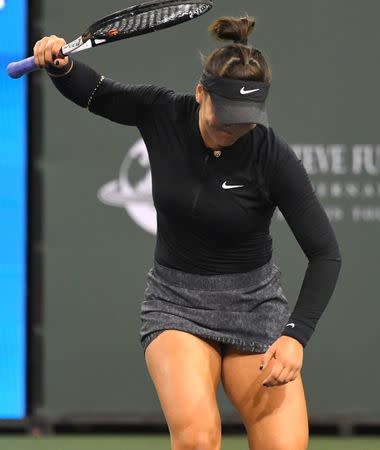 Mar 15, 2019; Indian Wells, CA, USA; Bianca Andreescu (CAN) reacts after defeating Elina Svitolina (not pictured) during her semifinal match in the BNP Paribas Open at the Indian Wells Tennis Garden. Mandatory Credit: Jayne Kamin-Oncea-USA TODAY Sports