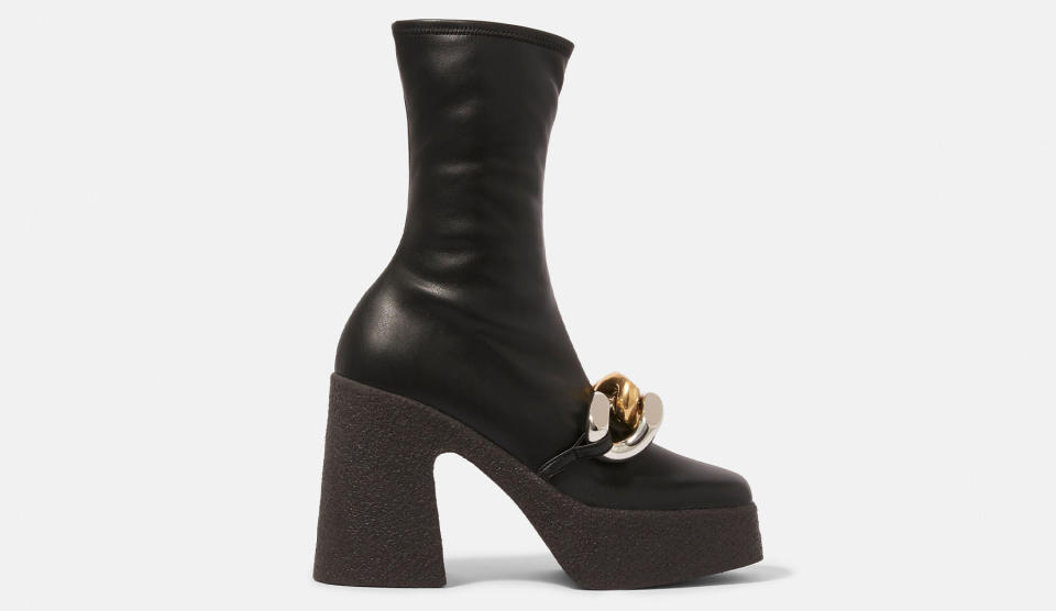 Stella McCartney, boots, black boots, womens boots, platforms, platform boots, platform heels, block heels, chain boots, chains, chain shoes, footwear, womens footwear, vegan heels, vegan boots 