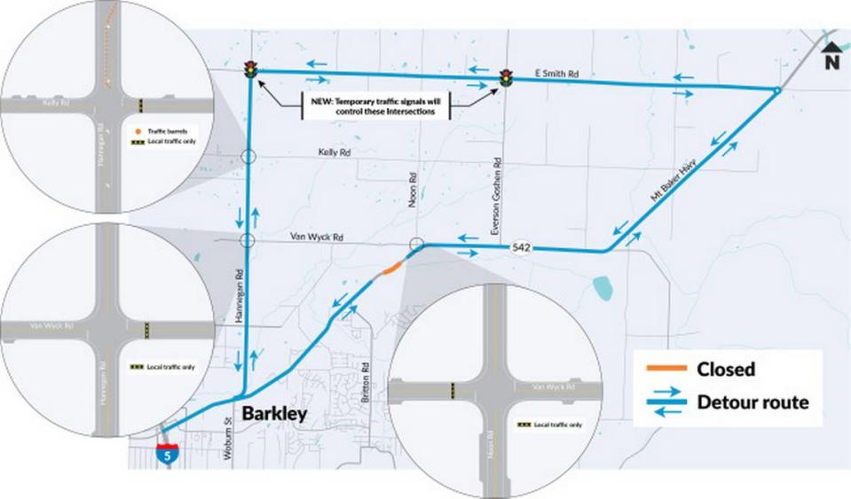 A map shows the proposed detour route around construction on the Mount Baker Highway.
