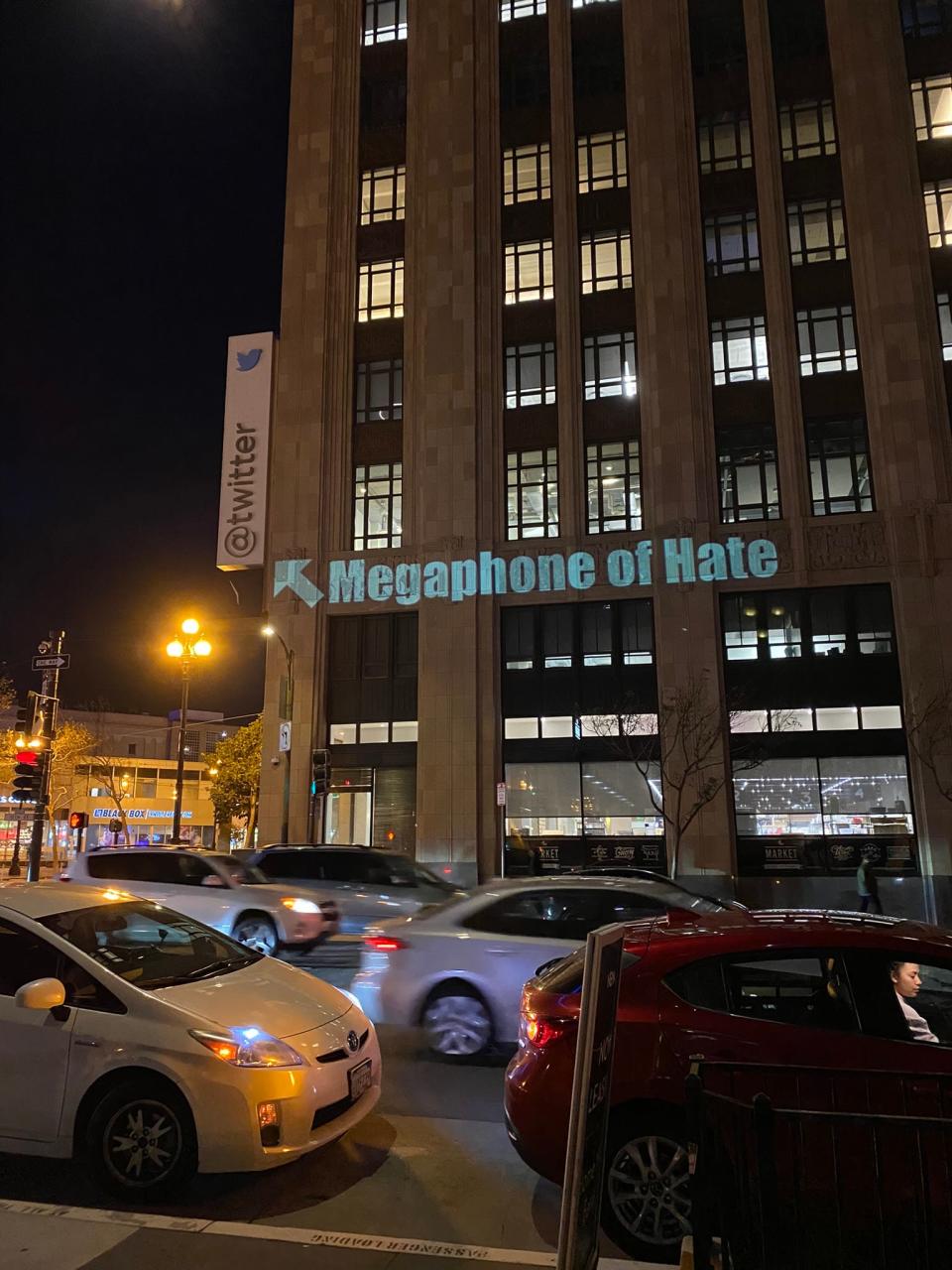 One of Alan Marling's projections on Twitter headquarters in San Francisco, California.
