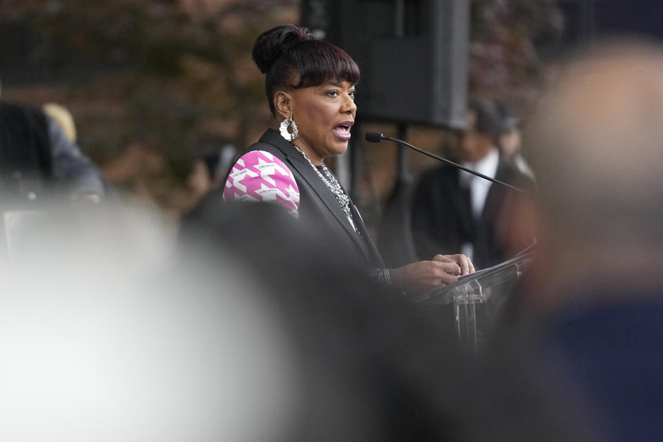 The Rev. Bernice King, daughter of the Rev. Martin Luther King Jr. and Coretta Scott King, speaks during the dedication of the Coretta Scott King Peace and Meditation Garden and monument on Thursday, April 27, 2023, in Atlanta. (AP Photo/Brynn Anderson)