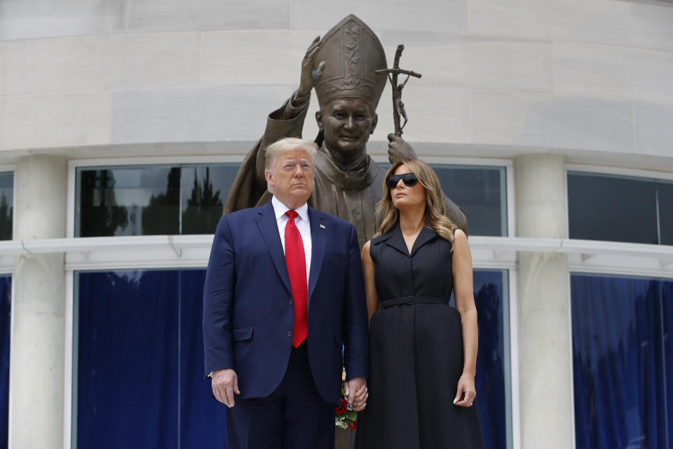 President Donald Trump and first lady Melania Trump visit Saint John Paul II National Shrine, June 2, in Washington. (Photo: (AP Photo/Patrick Semansky))