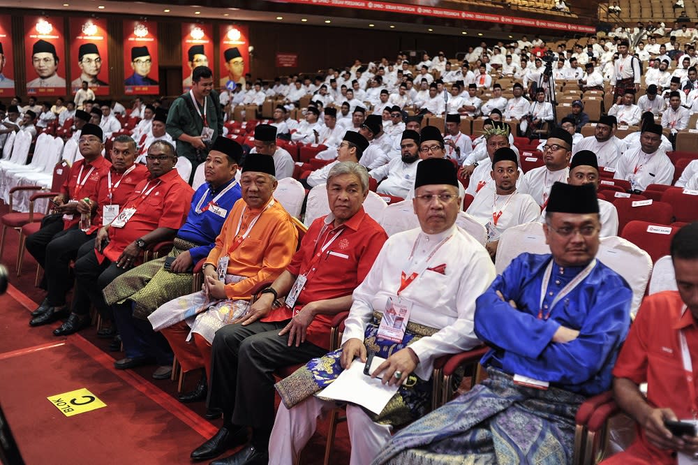 Umno president Datuk Seri Ahmad Zahid Hamidi (first row 4th right) and fellow Umno leaders attends the Umno Youth Wing Assembly at the Putra World Trade Centre in Kuala Lumpur December 5, 2019. — Picture by Shafwan Zaidon