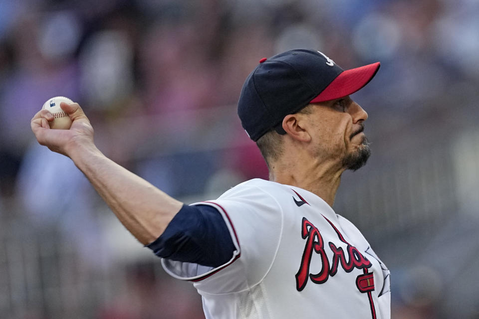 Atlanta Braves starting pitcher Charlie Morton delivers to a New York Yankees batter during the first inning of a baseball game Wednesday, Aug. 16, 2023, in Atlanta. (AP Photo/John Bazemore)