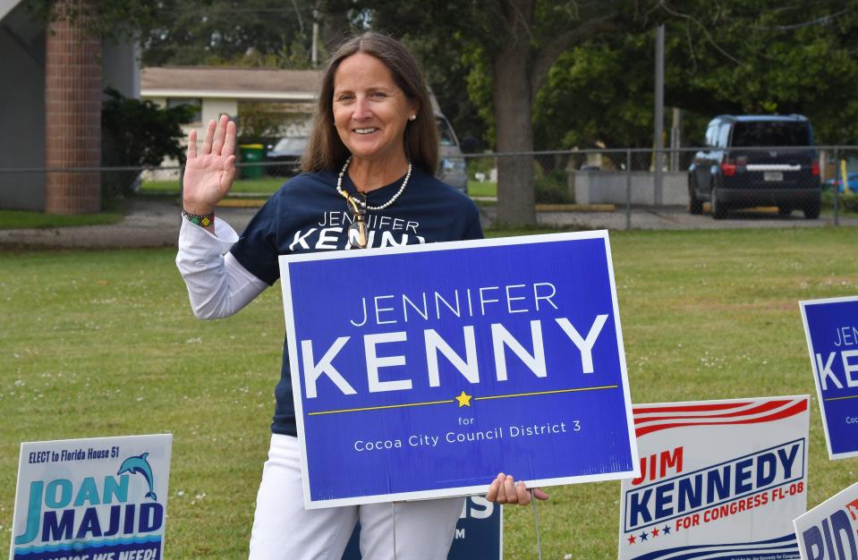 Cocoa City Council candidate Jennifer Kenny was campaigning at a polling place on Election Day.