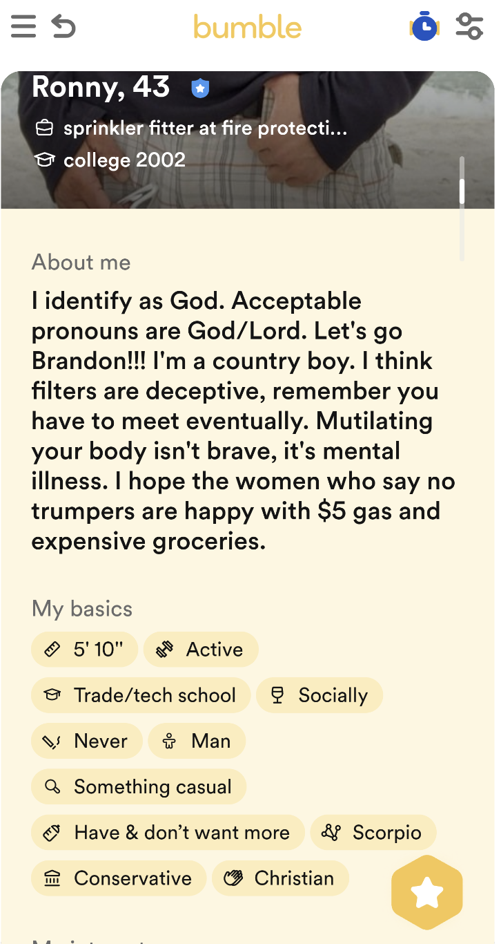 Screenshot of someone's Bumble profile