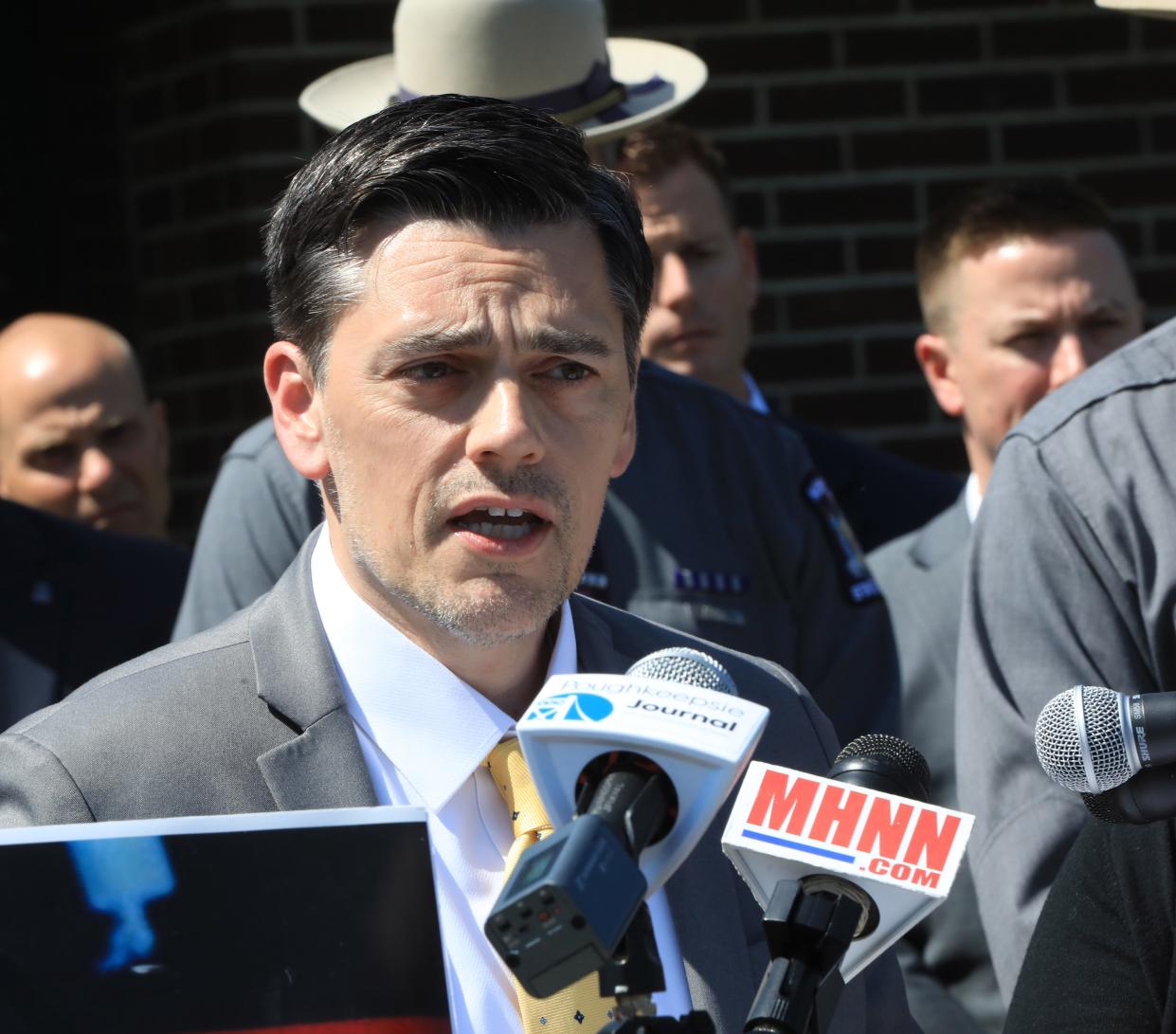 James Whalen, brother-in-law of Megan McDonald speaks during a press conference  about the arrest of Edward Holley on April 20, 2023. Holley is being charged for the 2003 murder of Megan McDonald. 