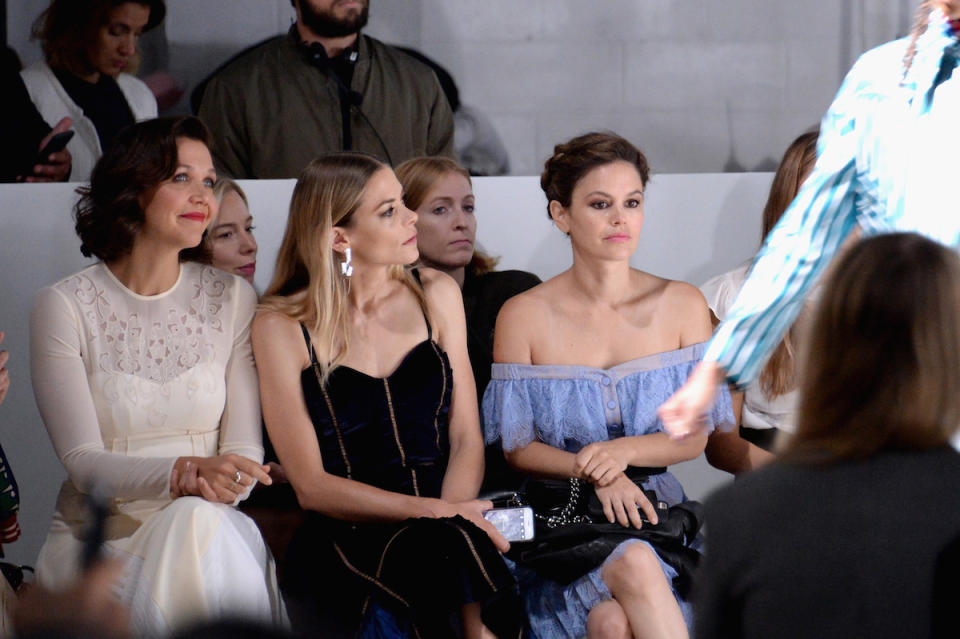 <p>Actresses Maggie Gyllenhaal, Jaime King and Rachel Bilson attend the Self-Portrait Spring Summer 2018 Front Row during New York Fashion Week on September 9, 2017 in New York City. (Photo by Andrew Toth/Getty Images for Self-Portrait ) </p>