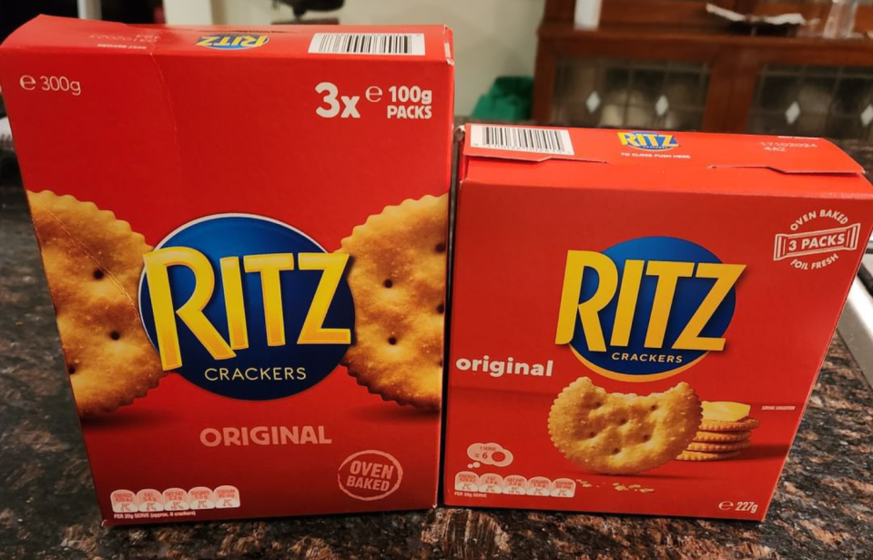 Two packets of Ritz biscuits on a counter top, showing shrinkflation.