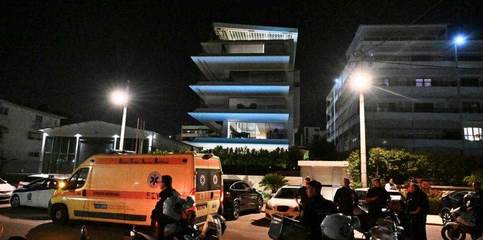 Police secure the area outside the house of British-born Panathinaikos and Greece defender George Baldock (REUTERS)