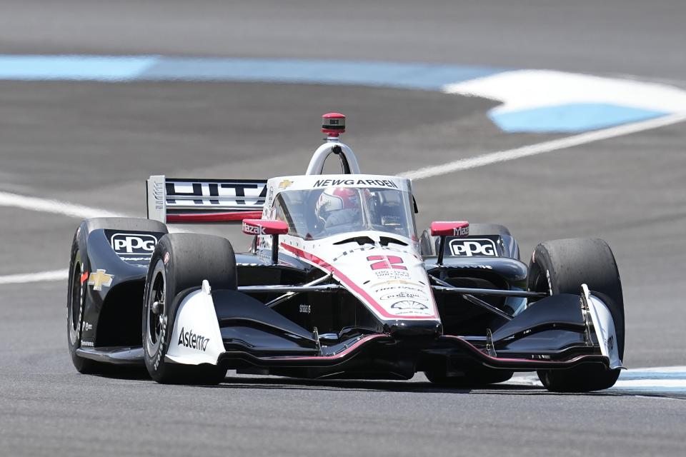 Josef Newgarden drives during the IndyCar Indianapolis GP auto race at Indianapolis Motor Speedway, Saturday, Aug. 12, 2023, in Indianapolis. (AP Photo/Darron Cummings)