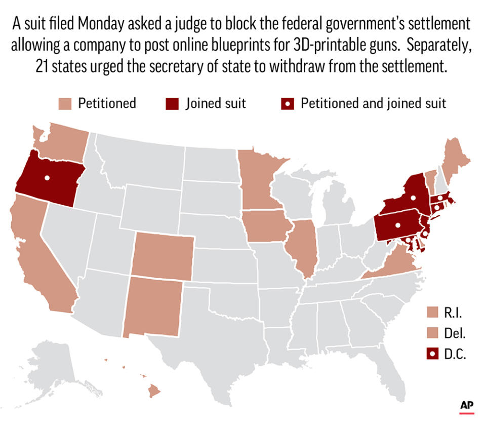A suit filed in Seattle is asking a judge to block the federal government settlement allowing a company to post online blueprints for 3D-printable guns.; 2c x 3 inches; 96.3 mm x 76 mm;