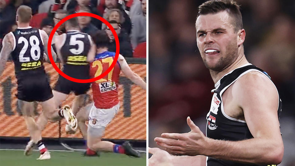 Brad Crouch is pictured laying a bump on Darcy Gardiner on the left, and arguing with Brisbane Lions players on the right.