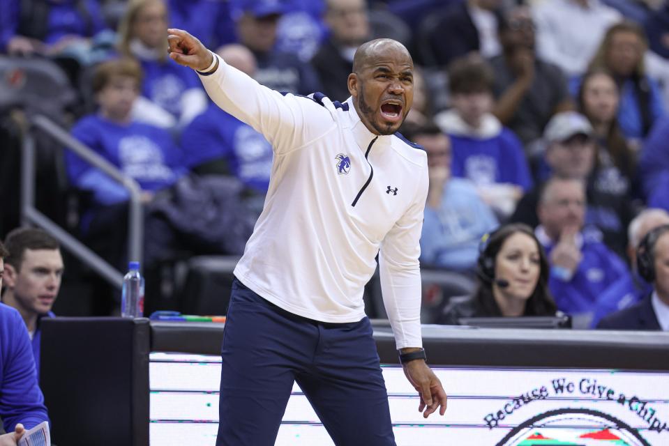 Seton Hall Pirates head coach Shaheen Holloway reacts during the first half against the St. John's Red Storm at Prudential Center.