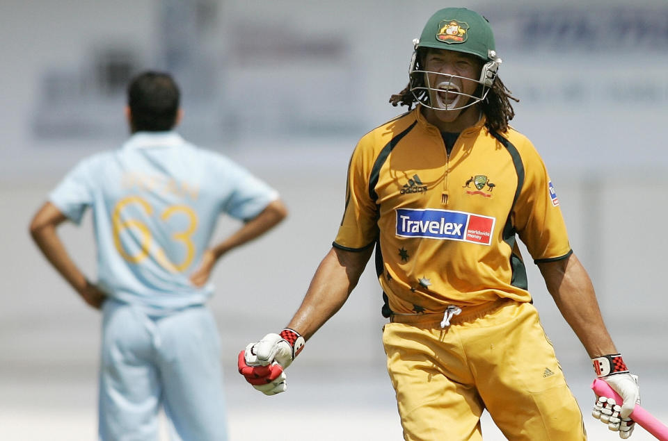 Andrew Symonds, pictured here after scoring a century against India in 2007.