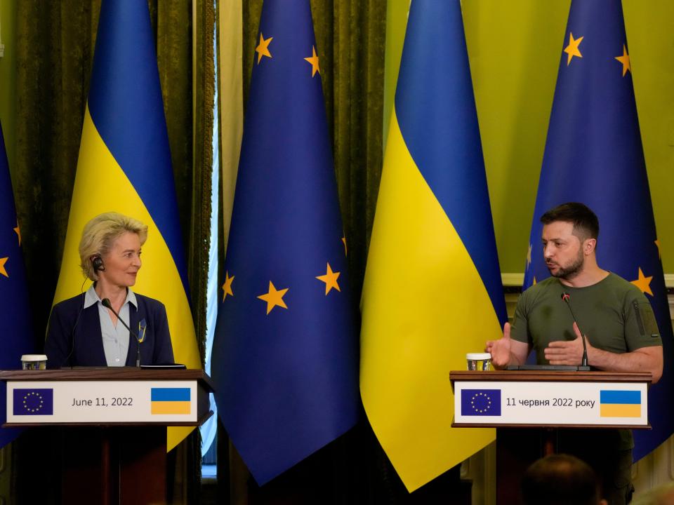 Ukraine President Volodymyr Zelenskyy speaks during a joint press conference with European Commission President Ursula von der Leyen, left, in Kyiv, Ukraine, Saturday, June 11, 2022.