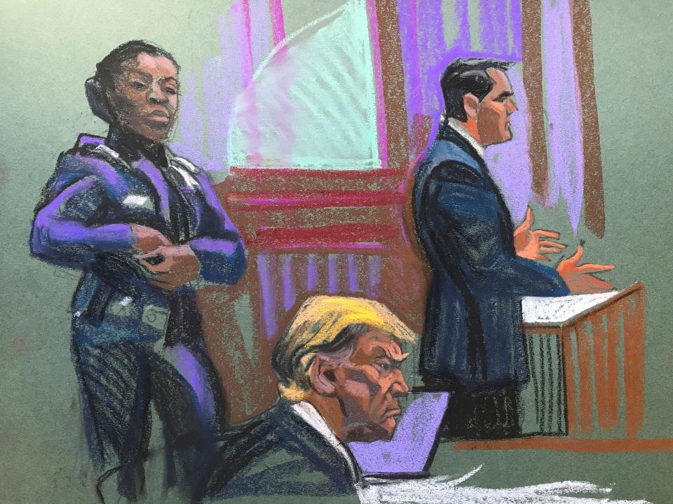 In this courtroom sketch, former President Donald Trump sits as his attorney Todd Blanche, right, speaks during the second day of jury selection in his hush-money criminal trial on April 16, 2024.