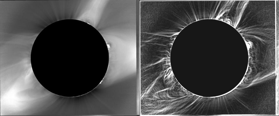 Zwei Graustufen-Sonnenfinsternisse in einem geteilten Bild, nebeneinander