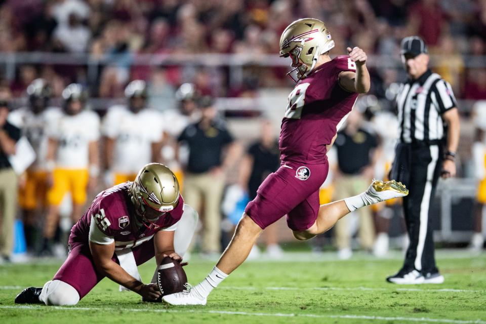 Florida State Seminoles place kicker Ryan Fitzgerald (88) kicks for the extra point. The Florida State Seminoles defeated the Southern Miss Golden Eagles on Saturday, Sept. 9, 2023.