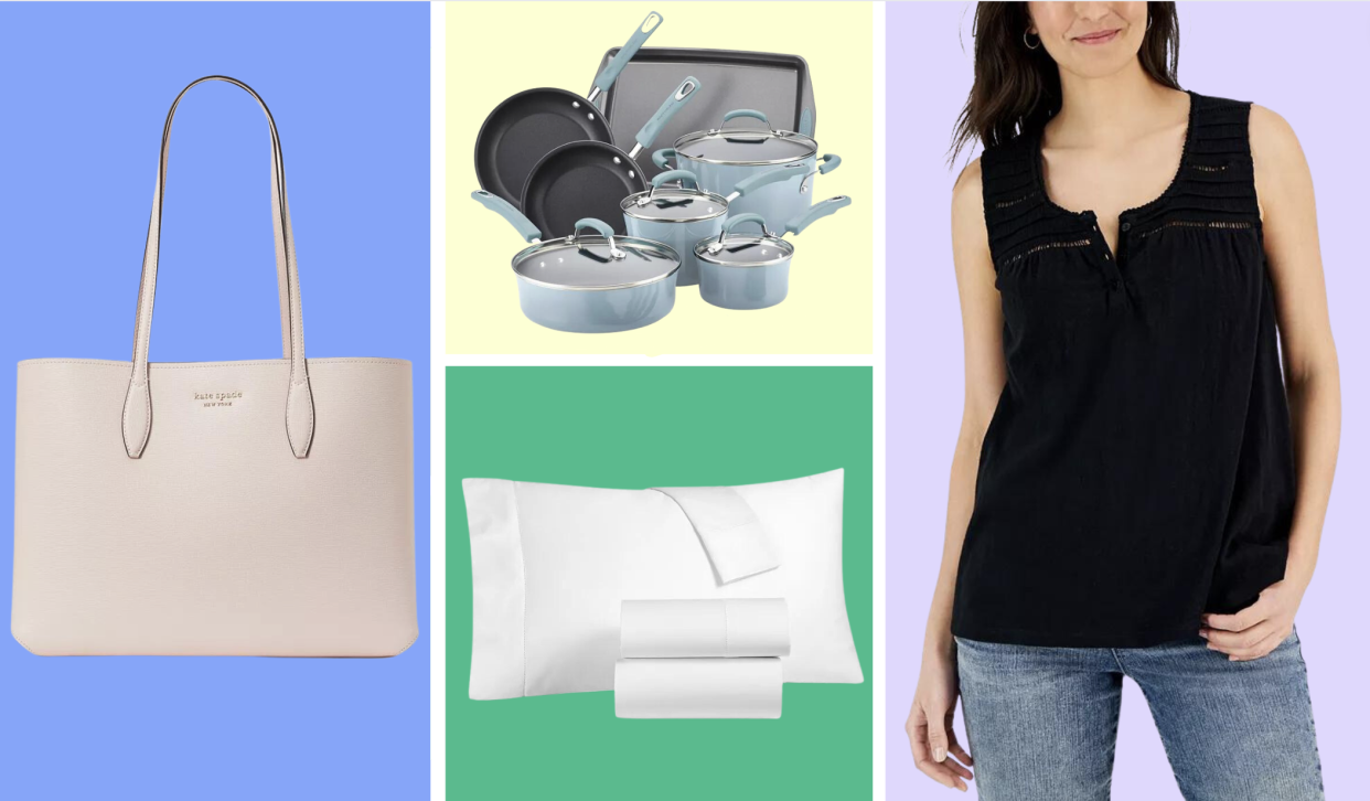 Macy's Memorial Day sale items: handbag, cookware, tank top, sheet set